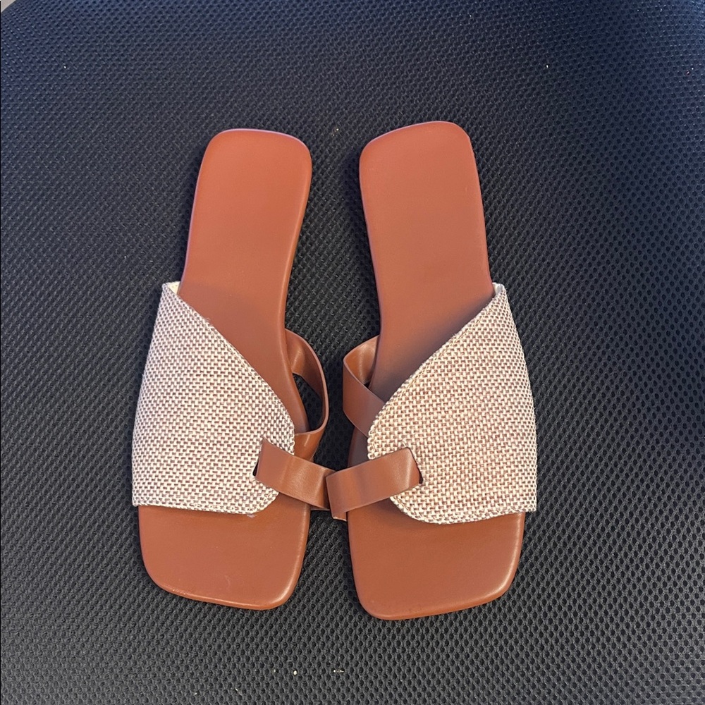 Women's Brown Slide Sandals with Textured Beige Strap